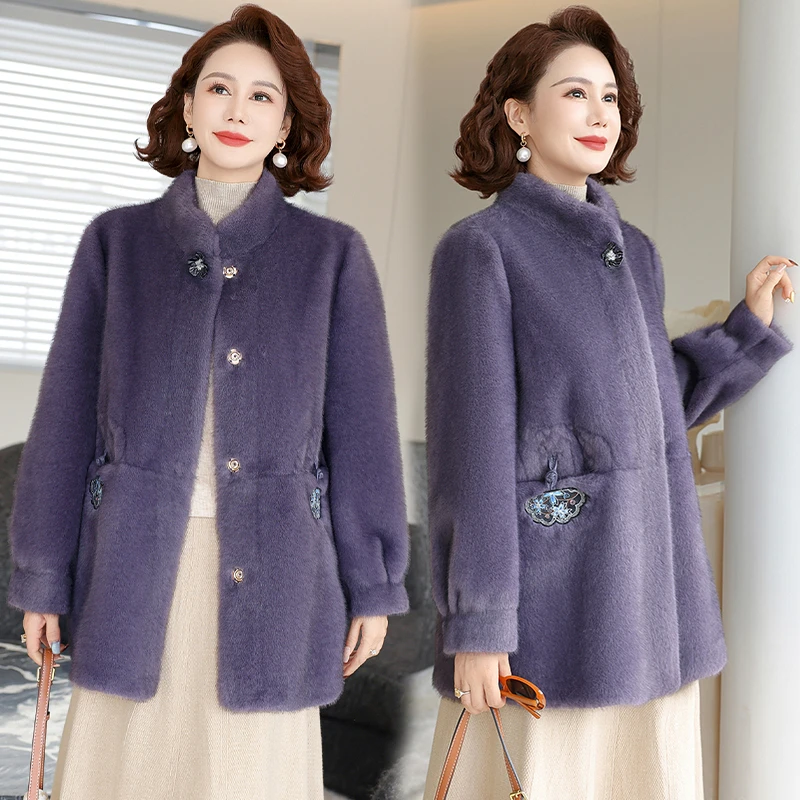 新中式妈妈秋冬装加厚中长款高个子妈妈仿水貂毛高档气质显瘦外套