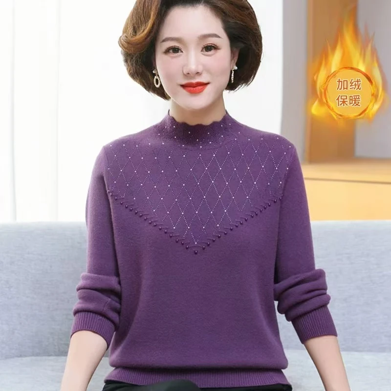 妈妈冬装一体绒针织上衣中年女加绒加厚毛衣中老年保暖打底衫
