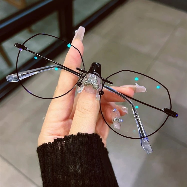 高级斯文黑线无框眼镜女男近视可配有度数超轻复古椭圆韩版潮变色