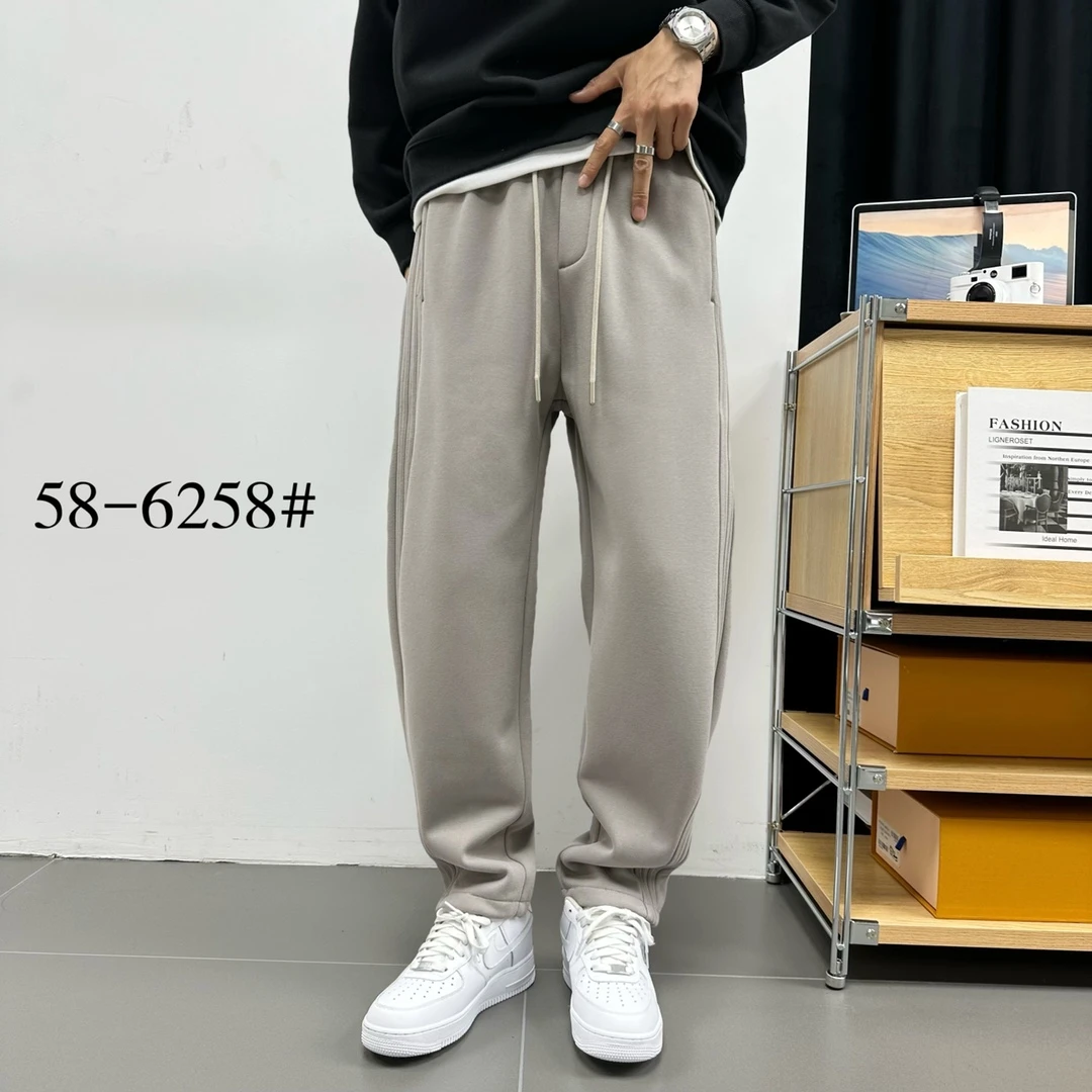 新款休闲裤加厚冬季简约时尚男士运动百搭直筒加绒卫裤抽绳6258#
