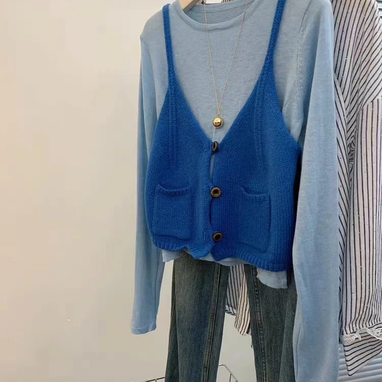 【深蓝浅出】2025春新款克莱因蓝两件套装设计感小众针织衫女.Y6757