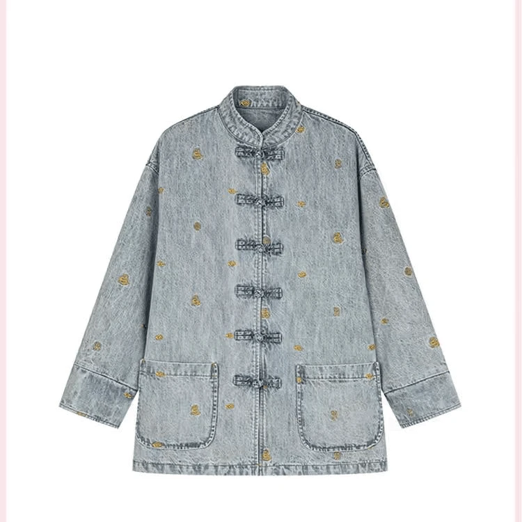 【嫣花】新款新中式浅蓝色盘扣牛仔短外套百搭轻国风上衣女.Y5251