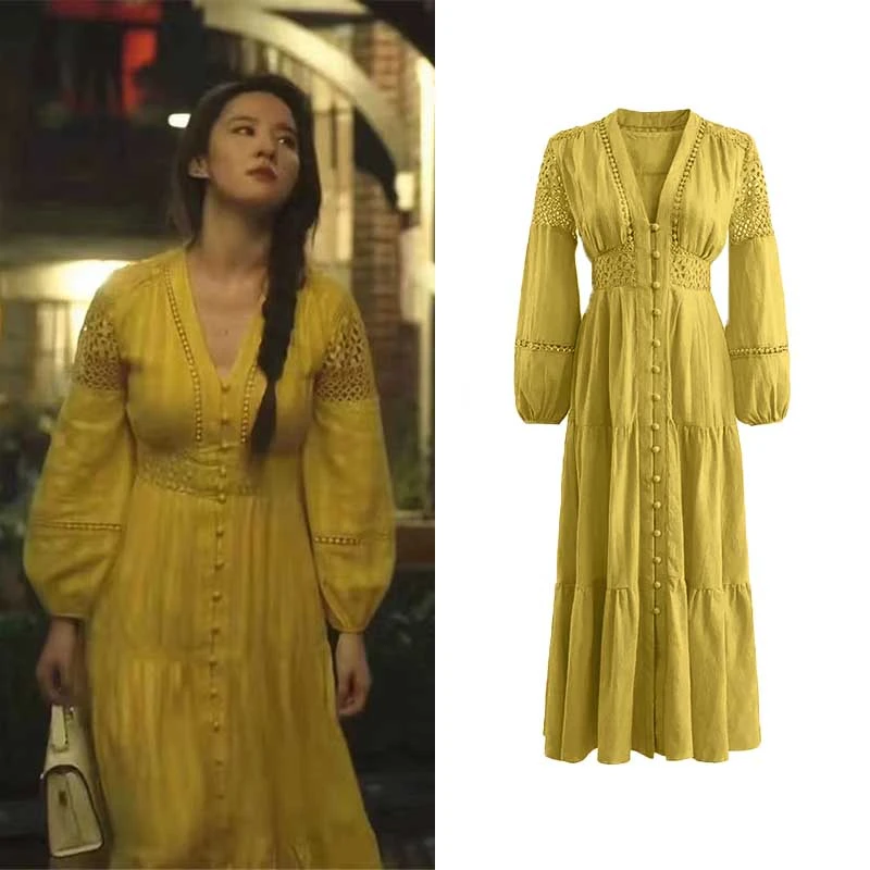 【黄玫瑰】玫瑰的故事黄亦玫刘亦菲同款v领气质茶歇裙.K40619a