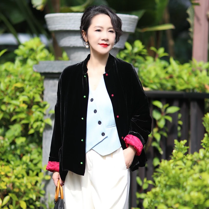 618狂欢【玉软花柔】新中式黑真丝丝绒棉服