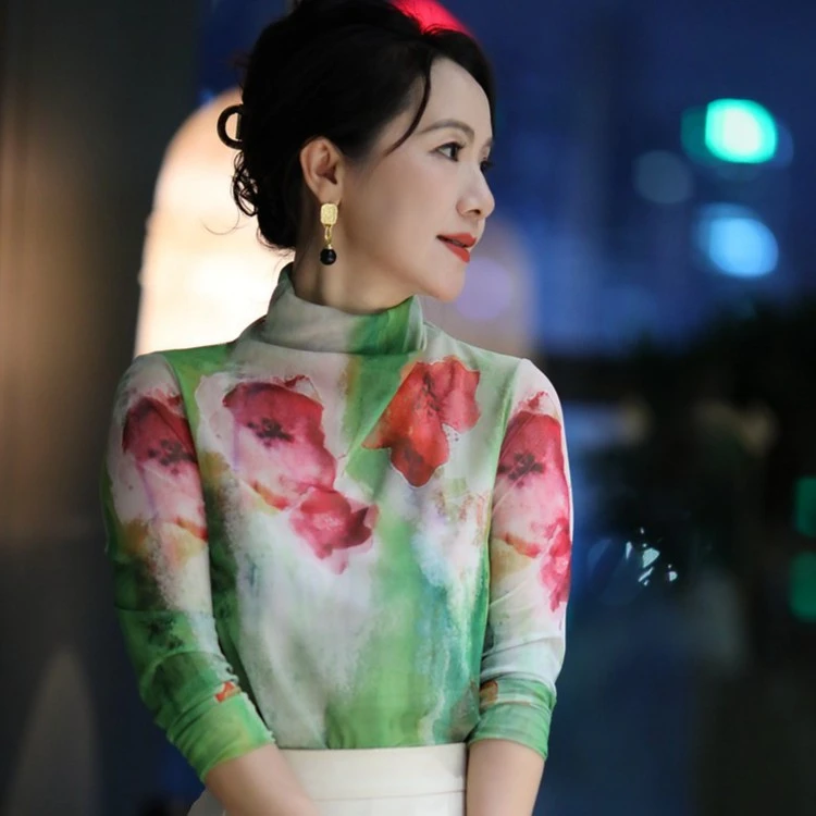 618狂欢【胭脂洋牡丹】设计师款浪漫之花进口网纱高领衫 娇媚之美