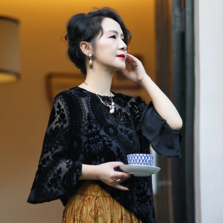 【618】景云暗影 黑色真丝烧花绒圆领衬衣配吊带