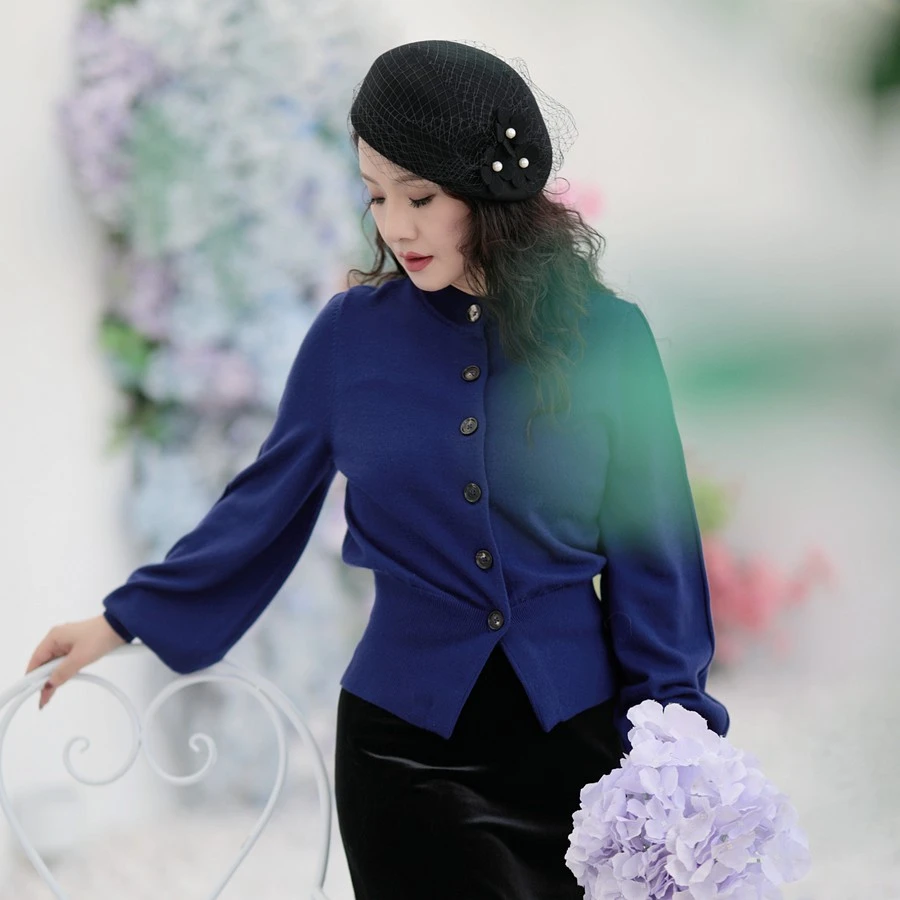 【紫罗兰】立领花苞袖100%美丽诺精纺羊毛针织上衣