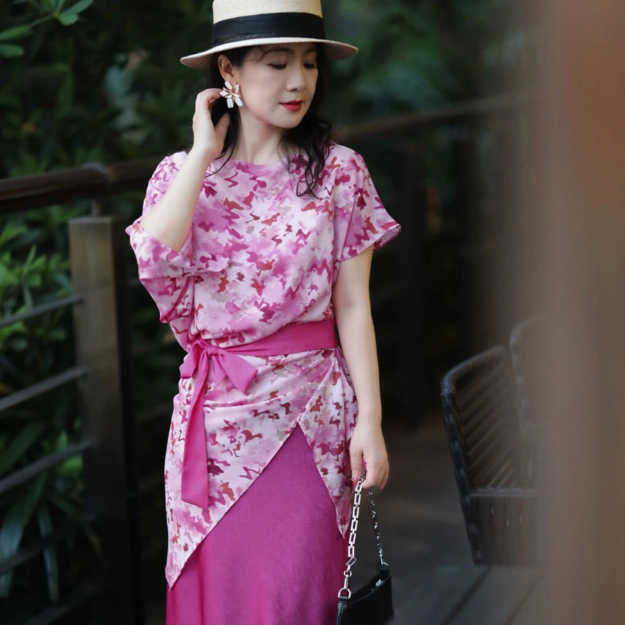 双11【弗洛伊德玫瑰】玫粉色不对称设计短袖上衣 明媚仙气