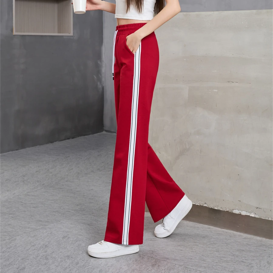 酒红色高腰窄版阔腿裤女春季2024新款垂感条纹宽松显瘦直筒休闲裤