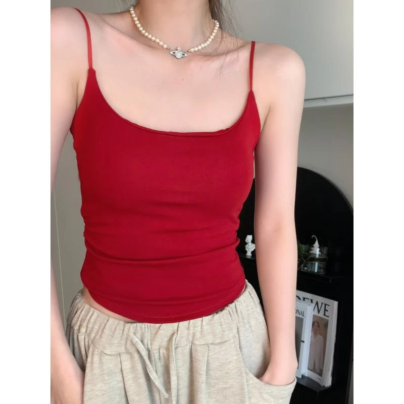 夏季吊带背心女内搭红色多色吊带显瘦纯欲简约带胸垫背心00213