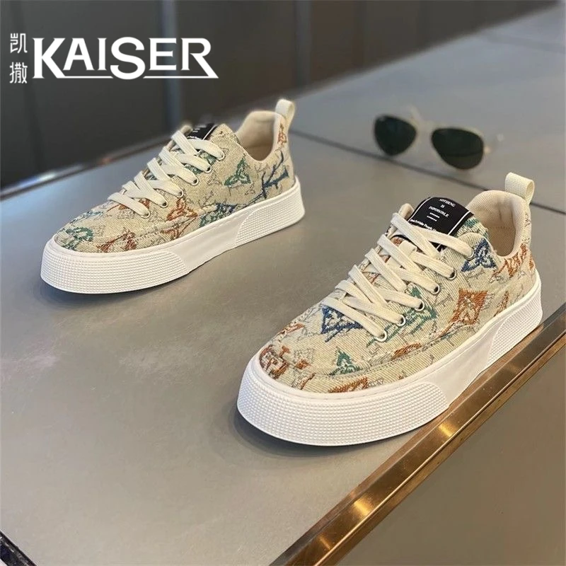 KAISER/凯撒·男鞋新款轻奢潮流印花帆布鞋男士厚底防滑运动平板鞋
