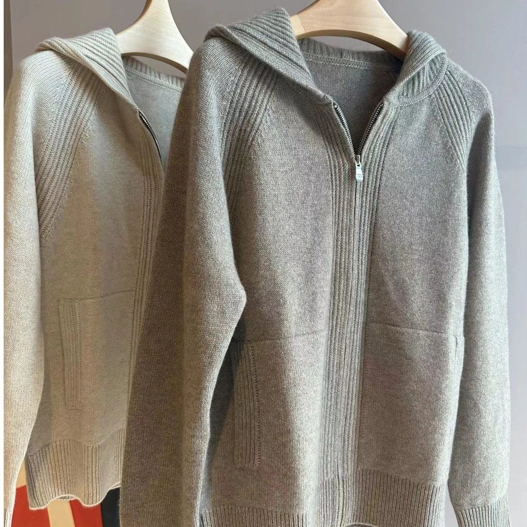 君怡【女士纯山羊绒时尚拉链帽衫】