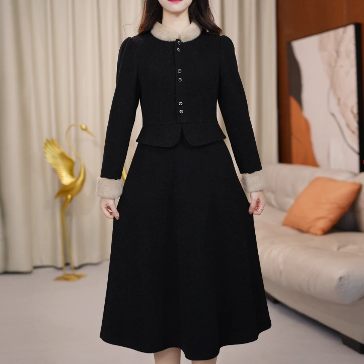 黑色气质时尚女装连衣裙显瘦百搭中长款修身秋冬裙子长袖优雅洋气
