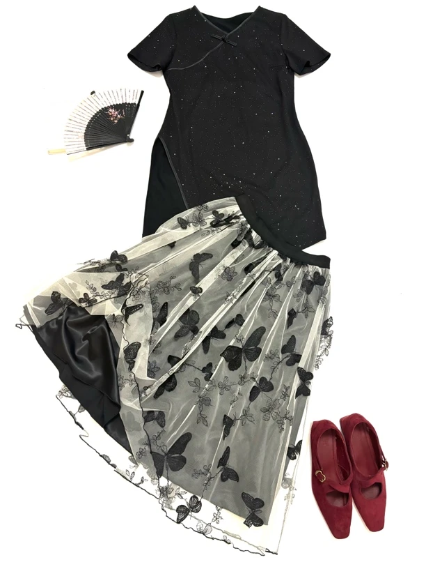 2件套 【张黛烟】斜襟上衣+蝴蝶纱半裙 精致小姨风 大小姐返潮复古