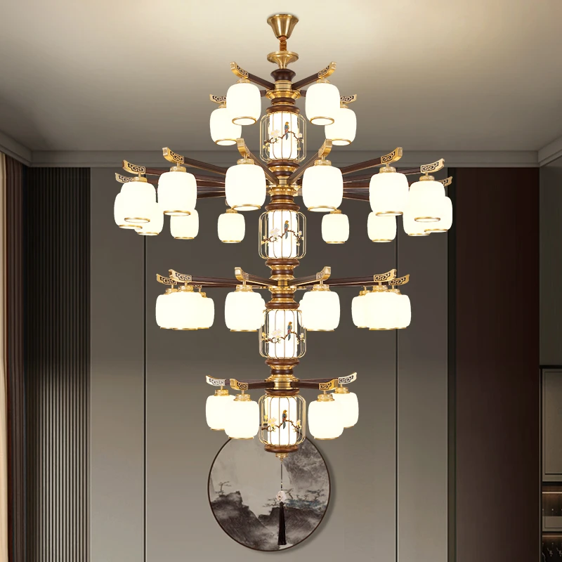 新中式全铜实木复式楼别墅客厅大吊灯跃层楼中楼中空自建房吊灯具