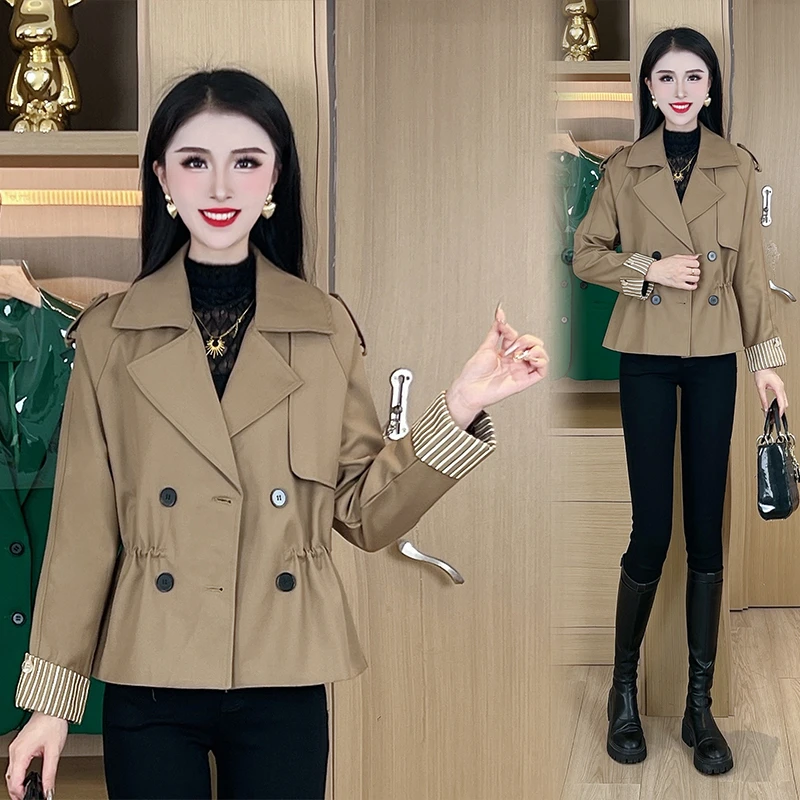 设计感洋气小个子2024秋季双排扣宽松短款美拉德风衣外套-188