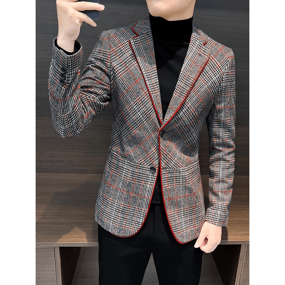 毛呢西装外套男士秋冬季单西男装2023新款衣服冬款格子休闲小西服