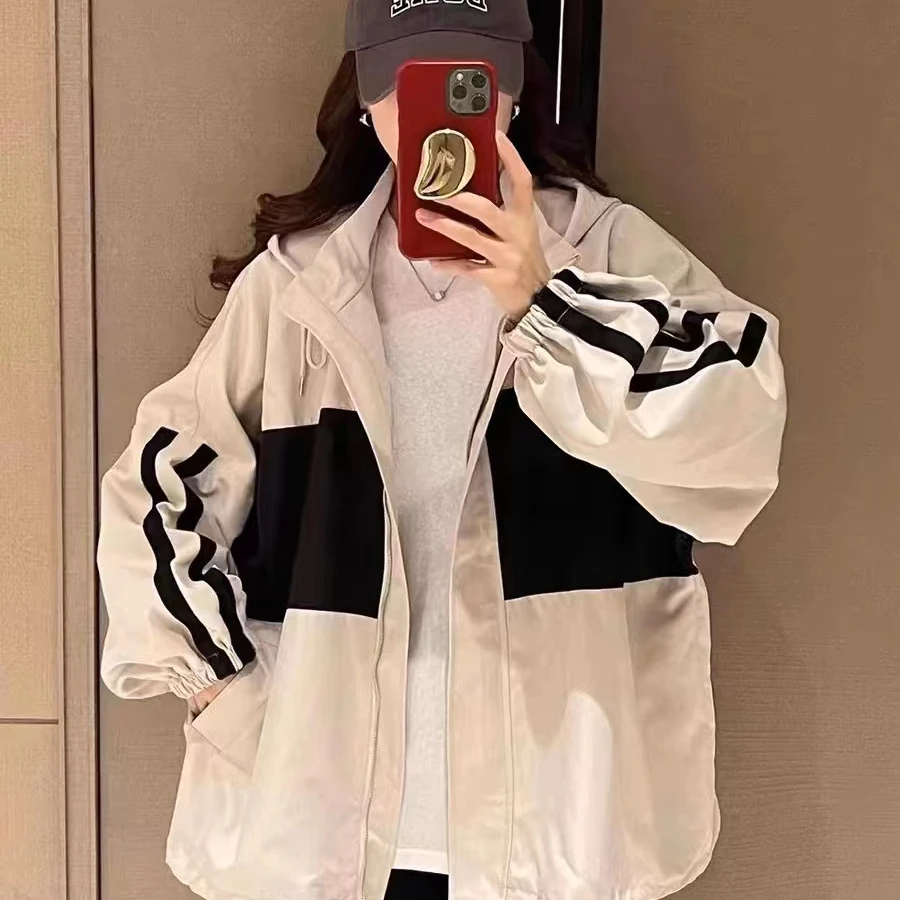 欧货连帽撞色冲锋衣外套女2024早春季新休闲棒球服上衣