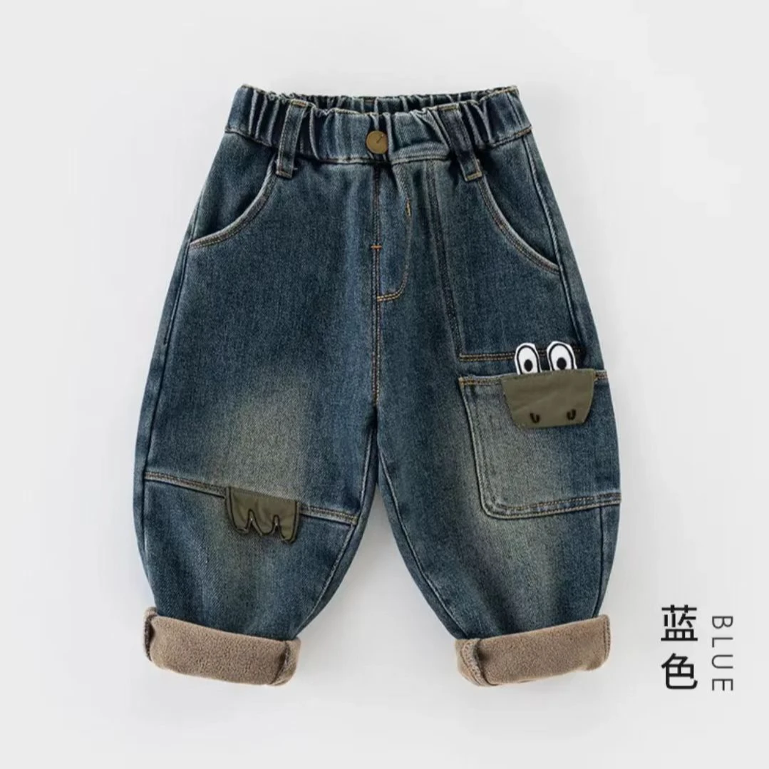 男童加绒加厚牛仔裤宝宝冬款直筒裤2024冬季新款儿童一体绒裤子潮