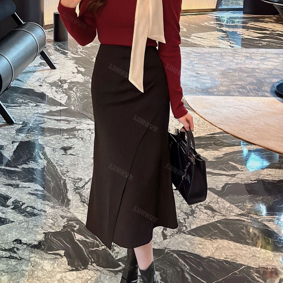 【玉洁】秋冬新款鱼尾开衩裙设计感一片式压褶时尚洋气百搭长裙1891
