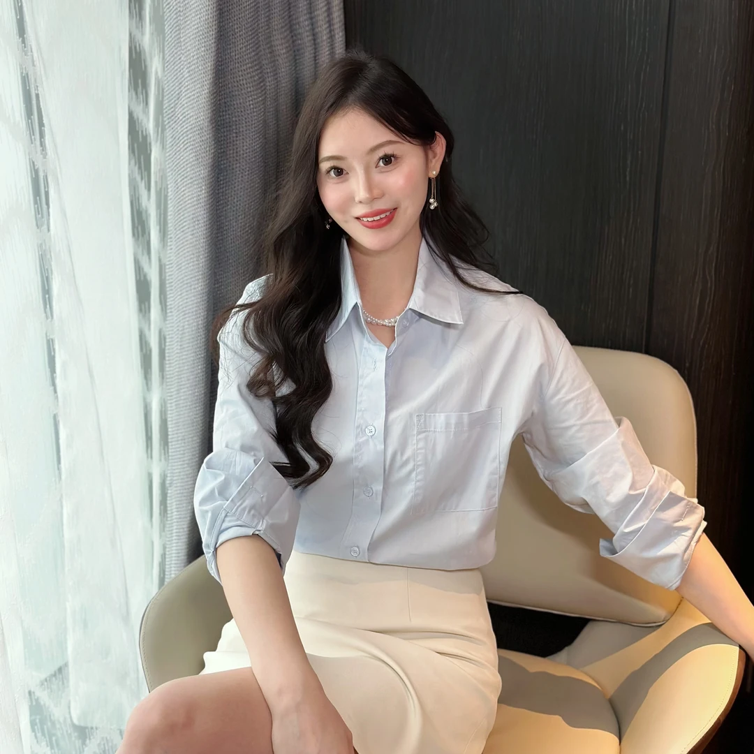 【玉洁】春夏新款气质百搭长袖衬衣时尚休闲纯色简约上衣1837