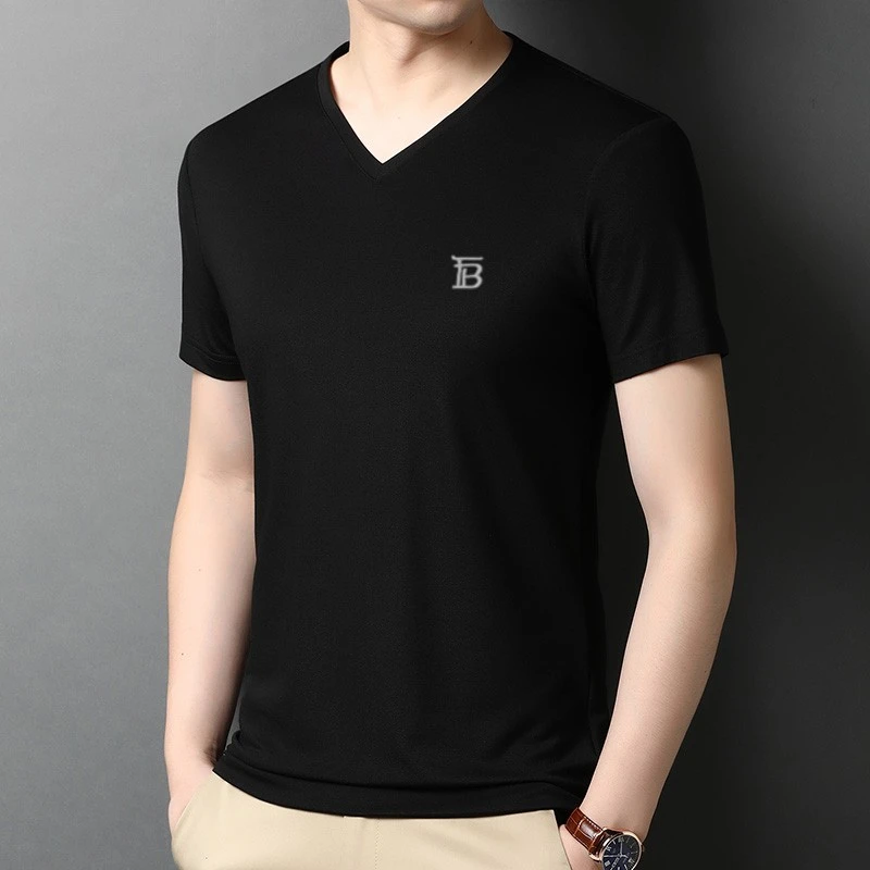 LUNBBLRRY英伦短袖t恤男士夏季桑蚕丝高档V领纯色商务休闲体恤衫