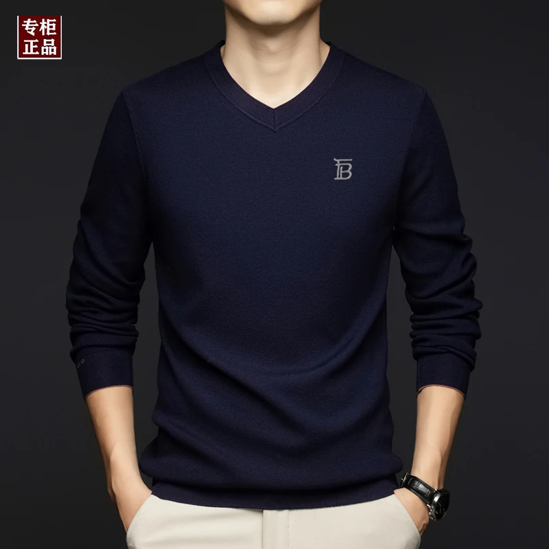 2024冬季新款男士长袖T恤羊毛衫纯色鸡心领V领刺绣保暖打底衫毛衣