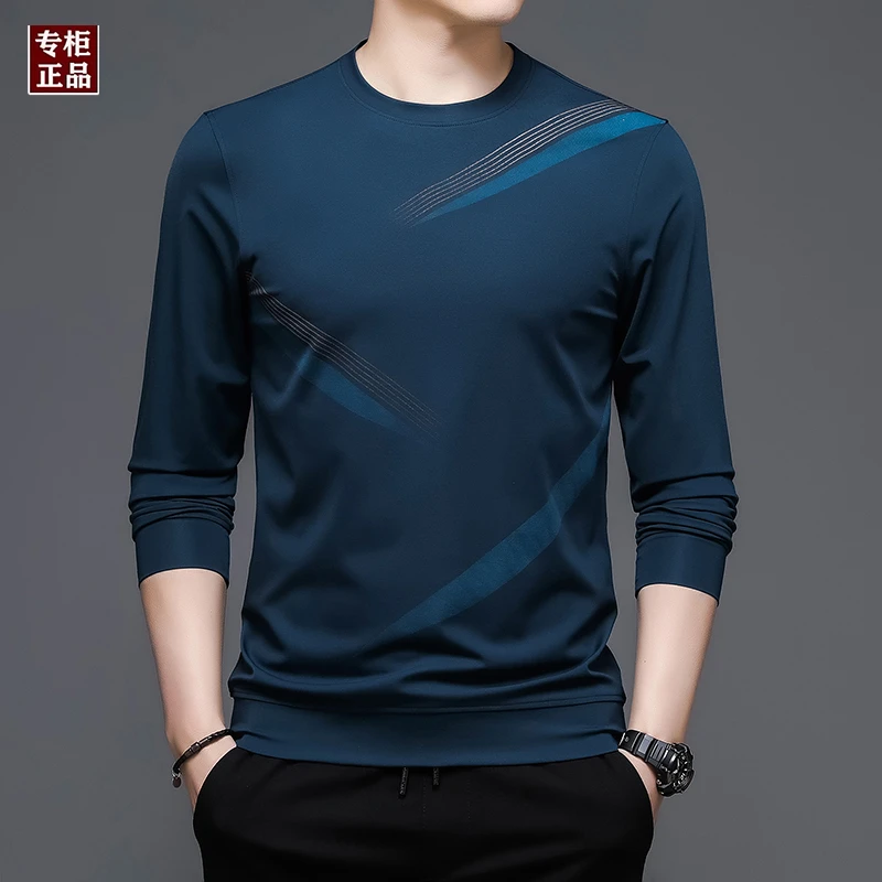 2025秋款新款长袖T恤男士时尚潮流高档圆领桑蚕丝中青年休闲上衣