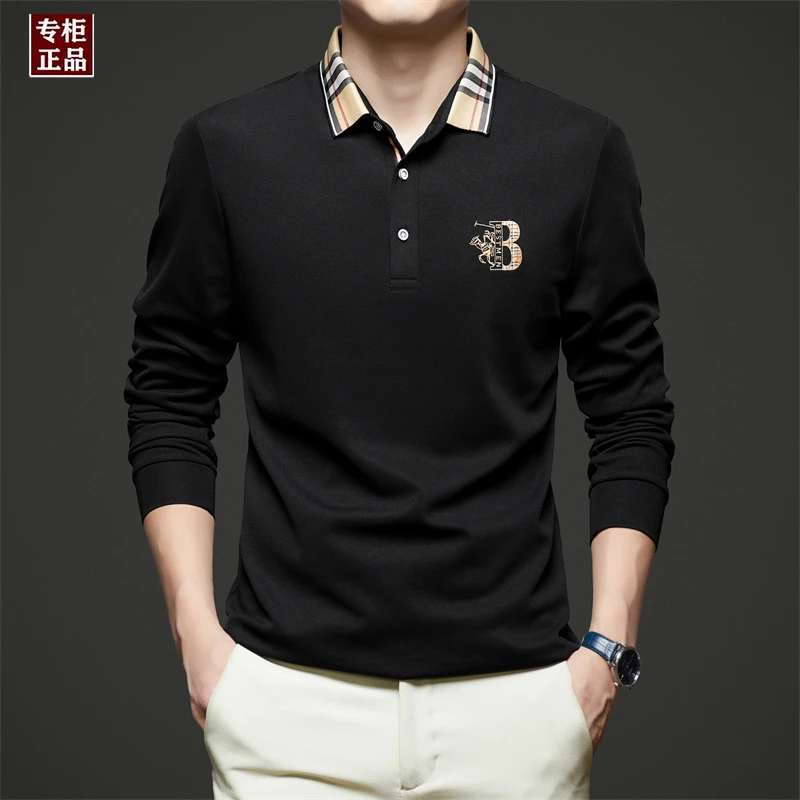 英伦时尚轻奢春秋新款长袖t恤男高端刺绣潮流百搭韩版翻领POLO衫