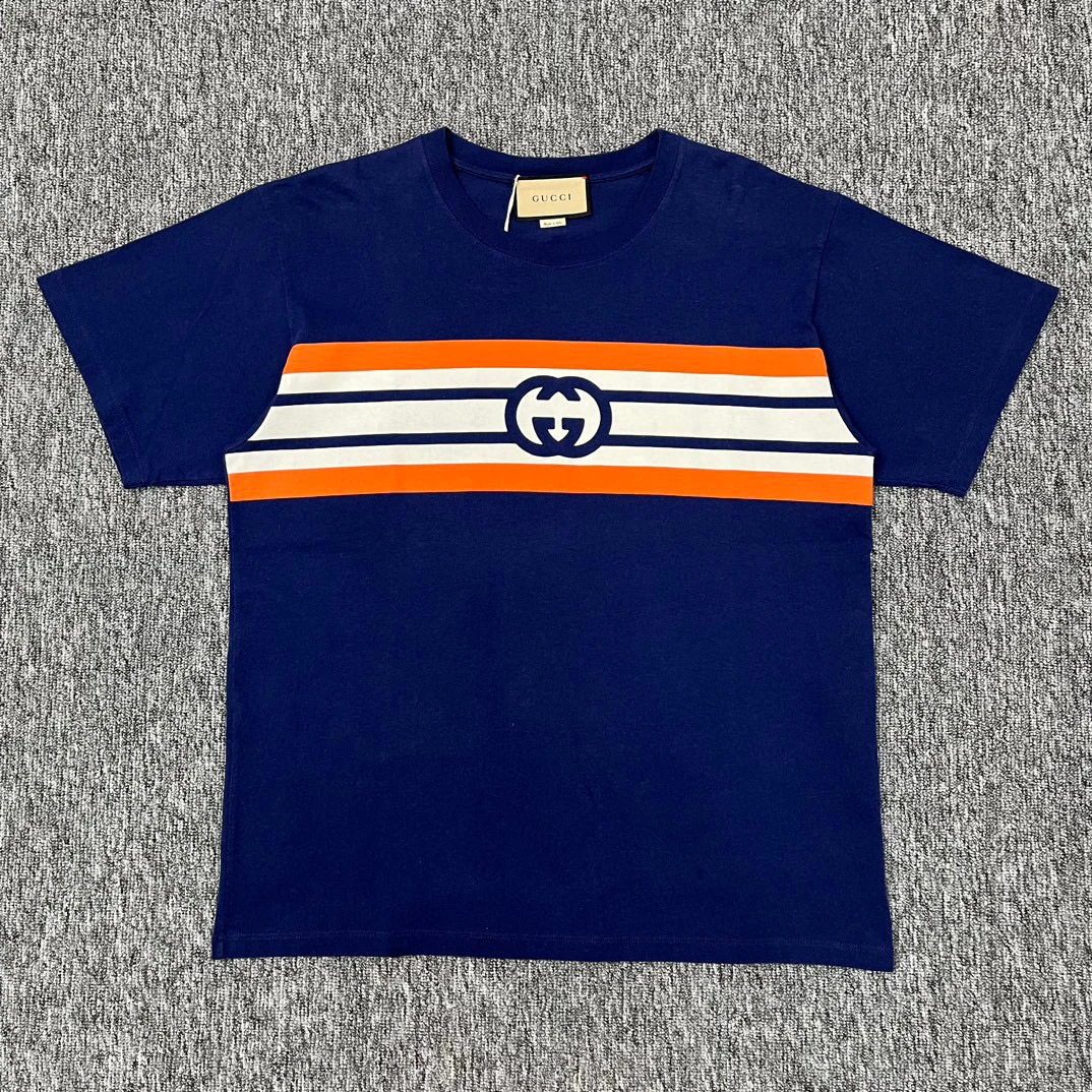99新 GUCCI/古驰 双G互扣条纹印花logo圆领短袖/S码/98新/wk0174