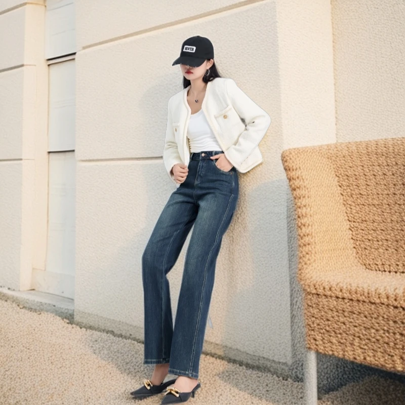 四面弹高腰窄版阔腿裤-腿精直筒裤-修身显瘦牛仔裤拖地裤秋冬新款