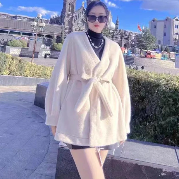 3725欧货时尚气质系带毛毛外套女冬季新款轻熟风显瘦v领外衣