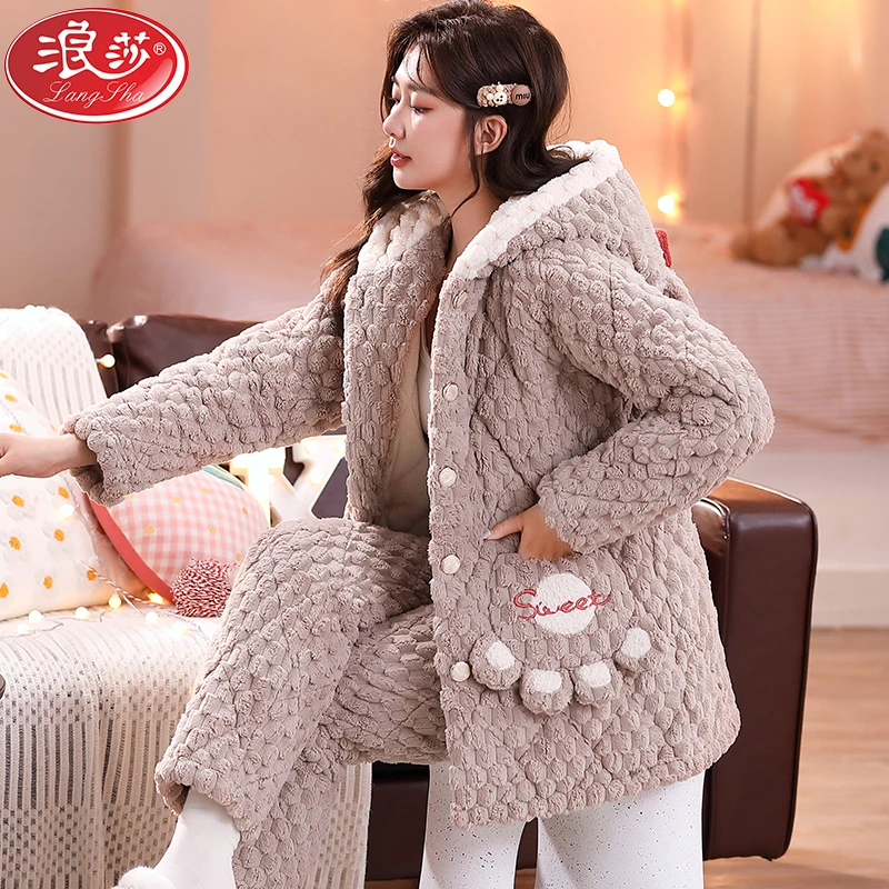 LANSWE/浪莎睡衣女秋冬季三层夹棉加绒加厚法兰绒保暖家居服套装