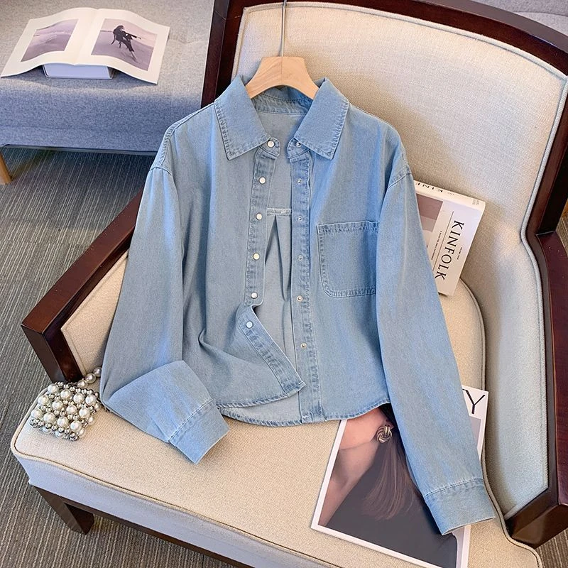 复古港风牛仔外套女春秋2024新款宽松短款小个子衬衫休闲夹克上衣