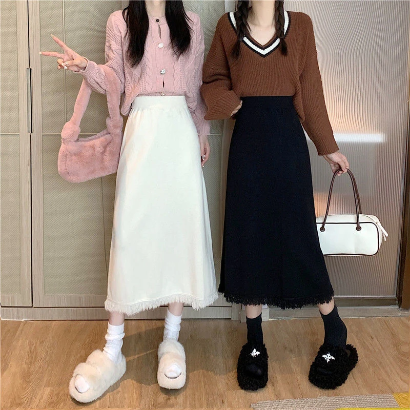 2023年新款流苏针织半身裙冬季复古高腰显瘦中长款字裙一步裙女