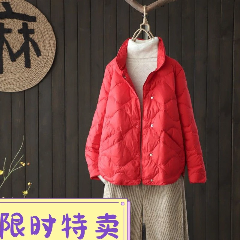 反季清仓轻薄绒服服女短款韩版宽松百搭冬季绒服红色立领