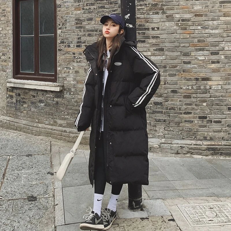 黑色棉服女冬季2023新款韩版宽松连帽中长款棉衣加厚艺考棉袄
