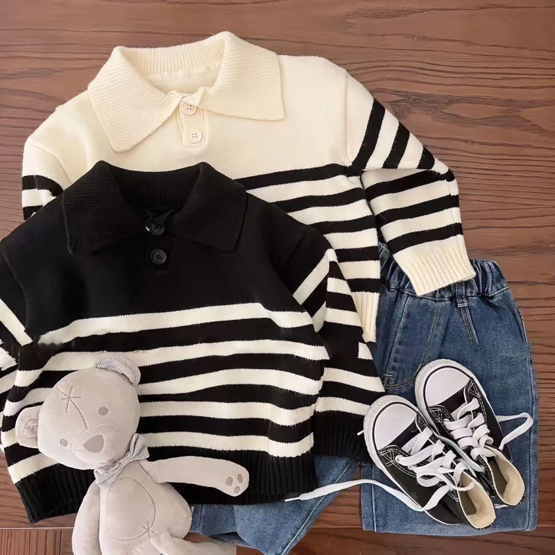 韩系童装男女童2025秋冬洋气针织衫儿童时髦翻领百搭条纹长袖毛衣