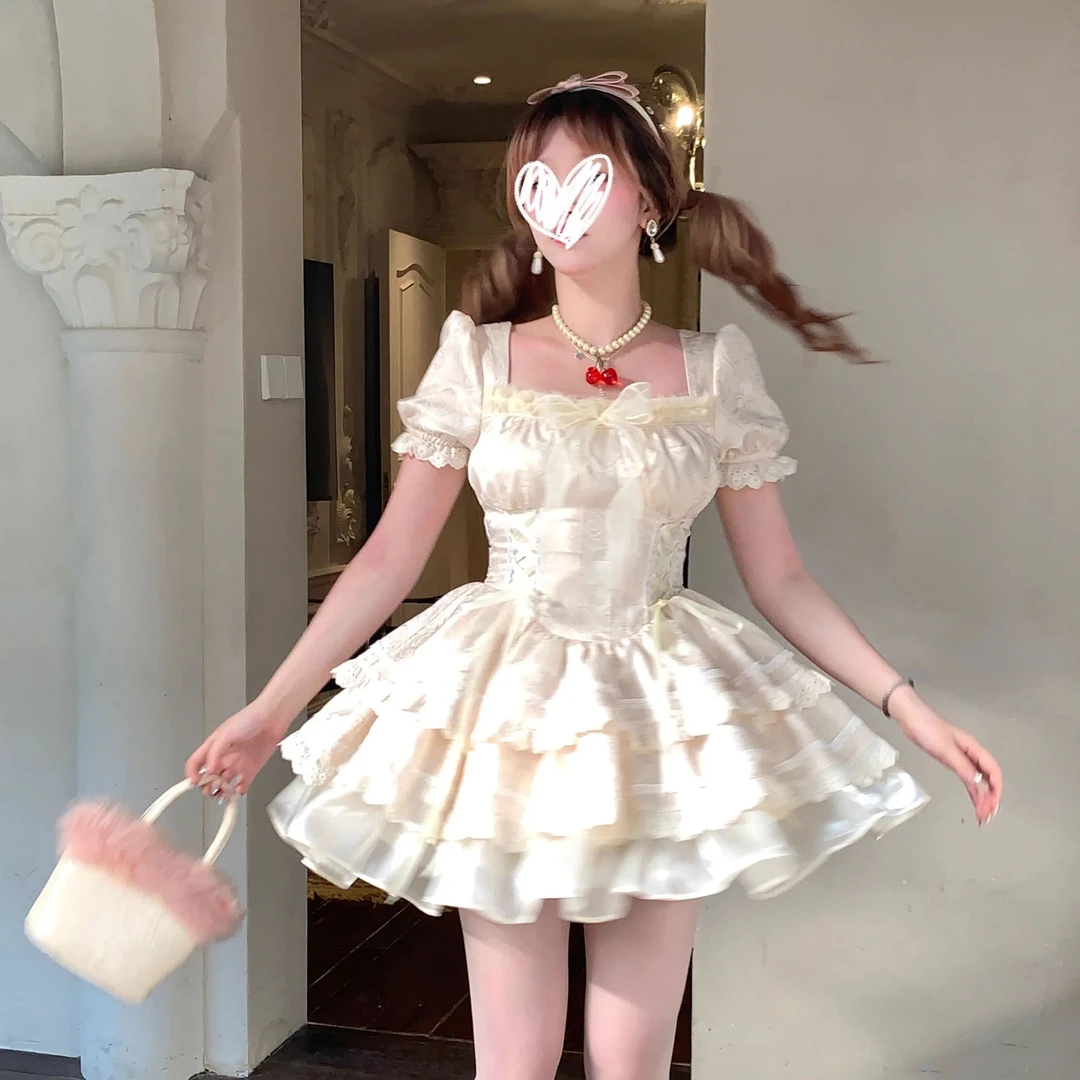 森女系原创 玫瑰集 夏季米色亮丝蝴蝶结蛋糕连衣裙