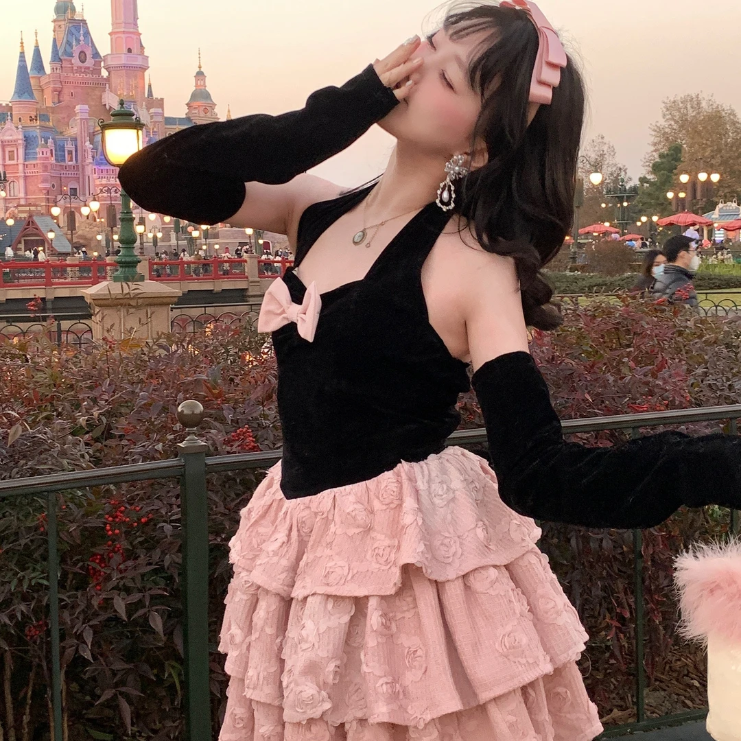 森女系原创 翻糖蛋糕 甜美黑粉露背挂脖蛋糕连衣裙