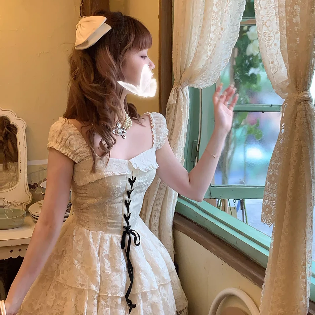 森女系原创 栀子花 温柔少女提花蕾丝精致连衣裙