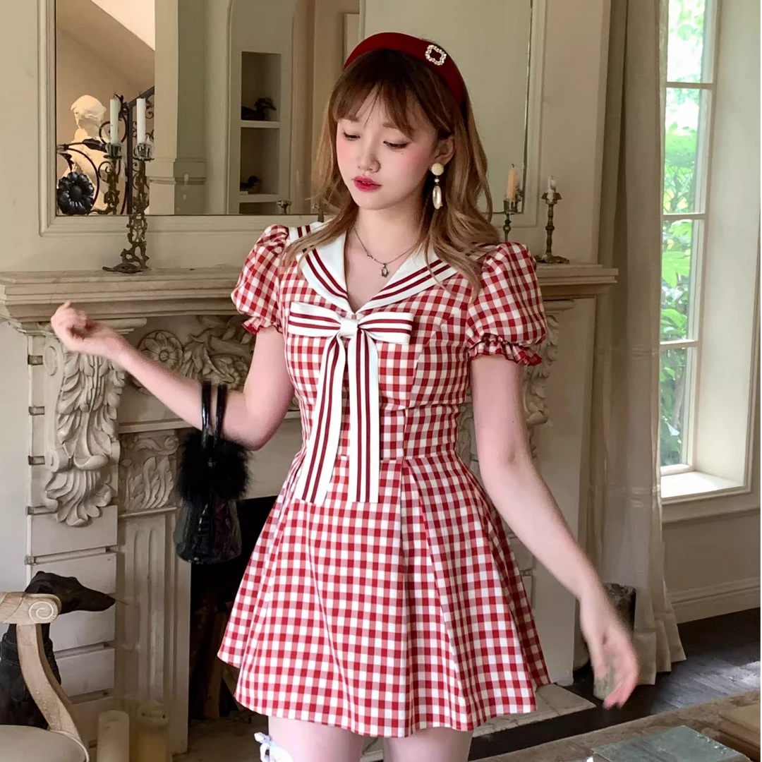 森女系原创 树莓糖 红色格子元气甜美可爱连衣裙