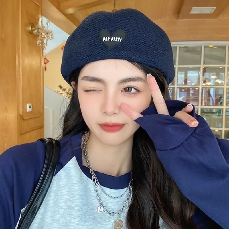 贝雷帽女夏季薄款日系甜美显脸小百搭画家帽爱心休闲返戴前进帽潮