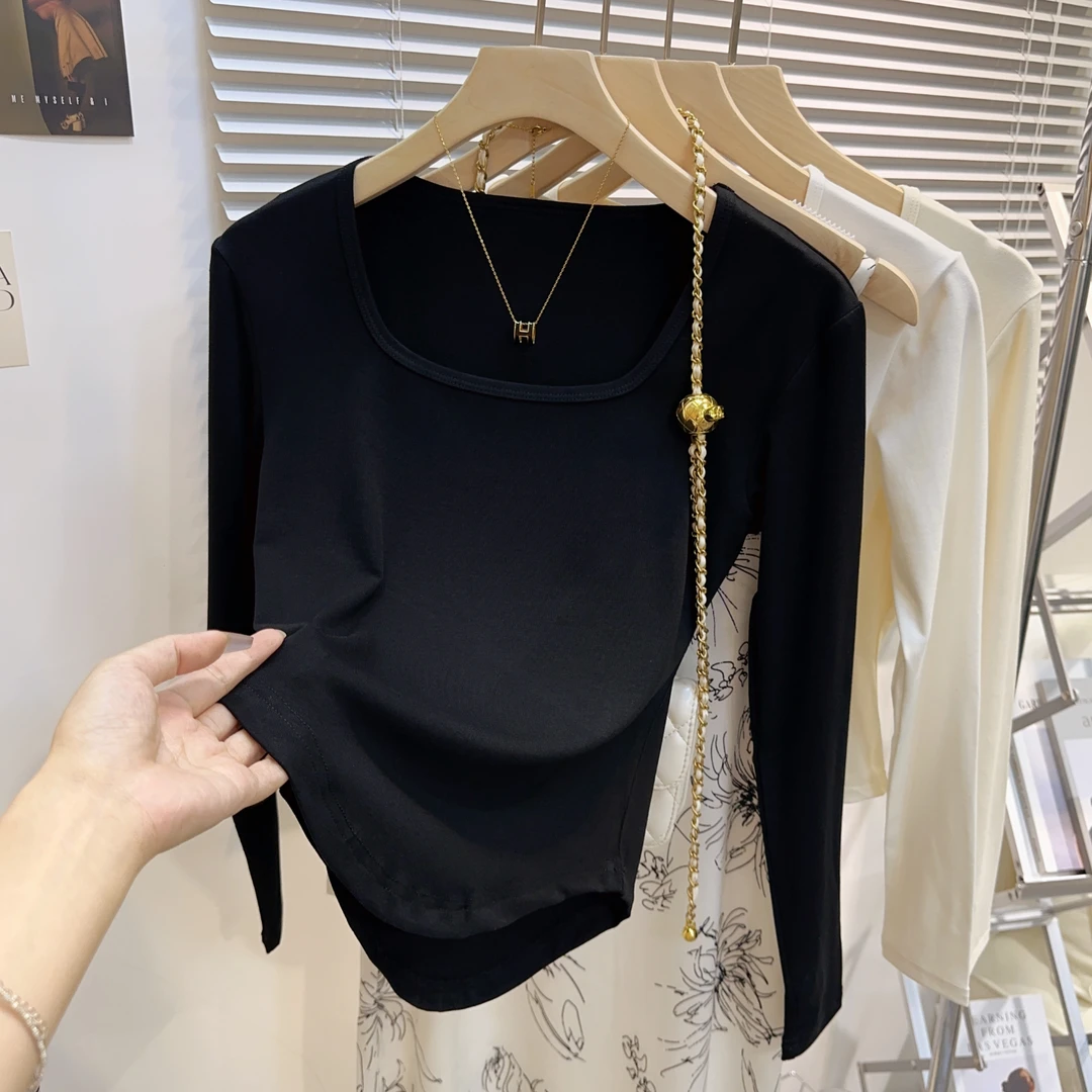 法式方领打底衫女黑色螺纹长袖修身紧身弧形t恤高端上衣内搭春秋