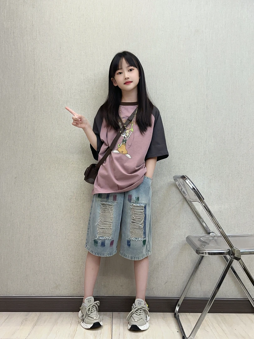 女童t恤短袖2024新款洋气儿童插肩袖卡通体恤夏装中大童休闲上衣