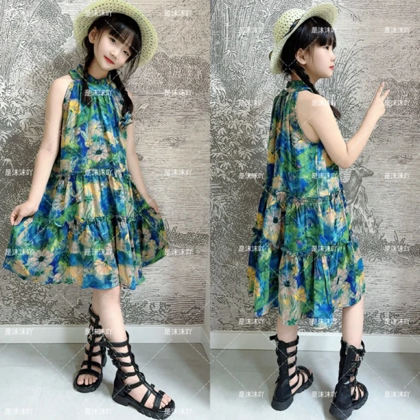 女童连衣裙无袖2024夏季新款大童碎花儿童裙子女孩夏装韩版沙滩裙