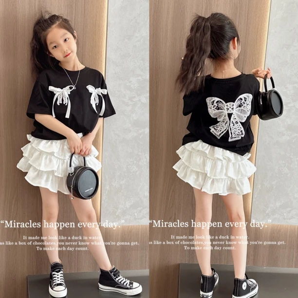 2024夏季新款女童韩版宽松蝴蝶圆领短袖T恤高腰时髦蛋糕裙两件套