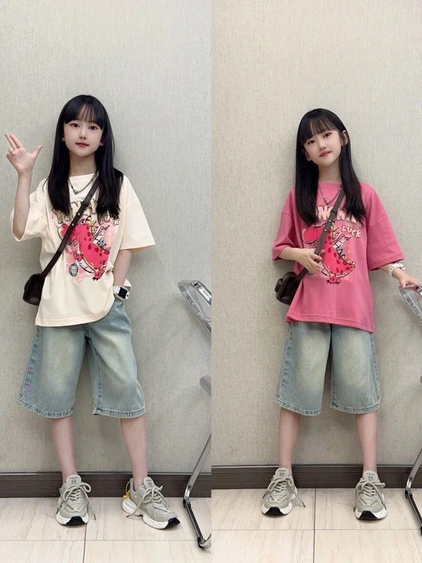 女童短袖t恤2024新款夏季洋气休闲宽松运动大童卡通圆领夏季童装