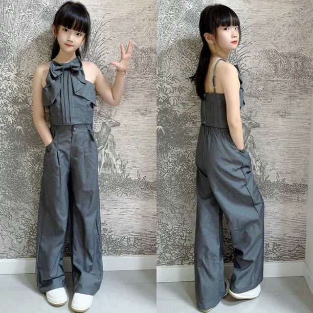 女童2024蝴蝶结辣妹短款吊带背心上衣时尚套装夏季灰色西装两件套