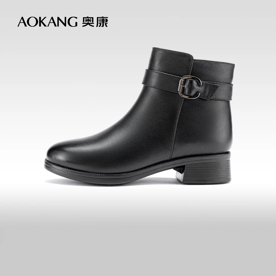 奥康女鞋新款品质真皮加绒保暖防滑妈妈鞋高帮女士舒适皮靴